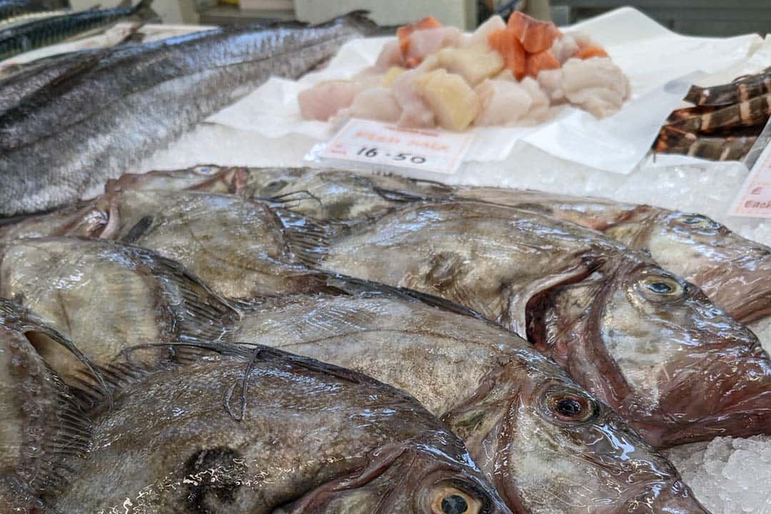 Fresh-caught fish on ice at The Market Plaice counter